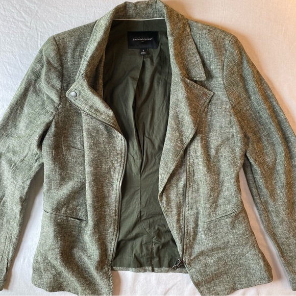 Banana Republic Jacket Women 8 Rifle Green Linen Blend Moto Long Sleeve - Picture 3 of 9